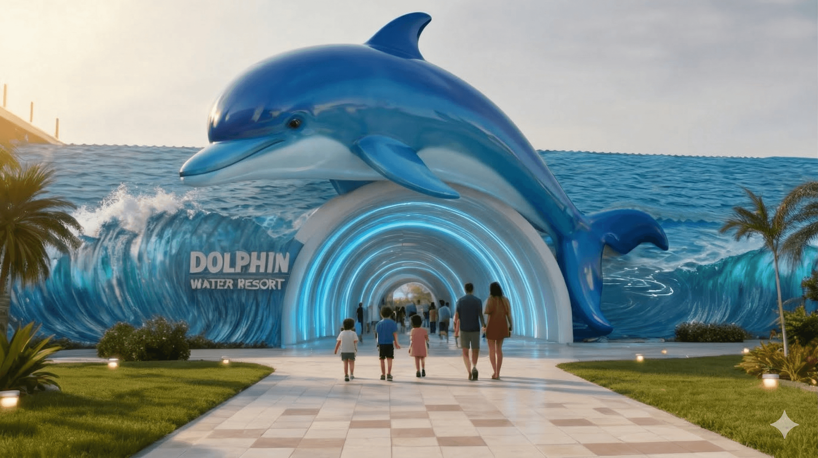 Dolphin Water Resort entrance with dolphin sculpture and families walking in
